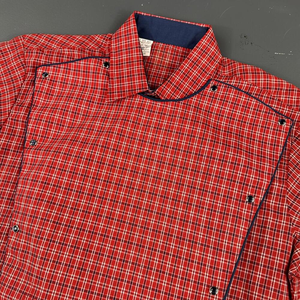 VTG Karman Shirt Mens MT Red Navy Micro Check Plaid Calvary Bib Rockabilly USA - Picture 1 of 8